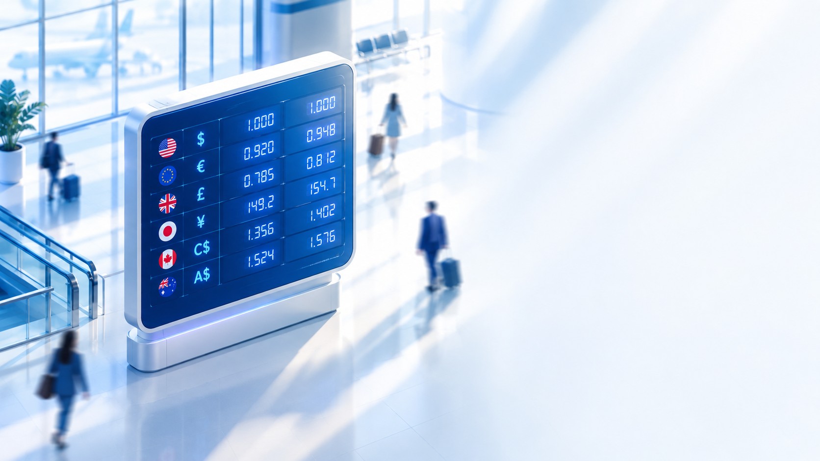 Airport style currency exchange rate board with abstract digits and blurred figures