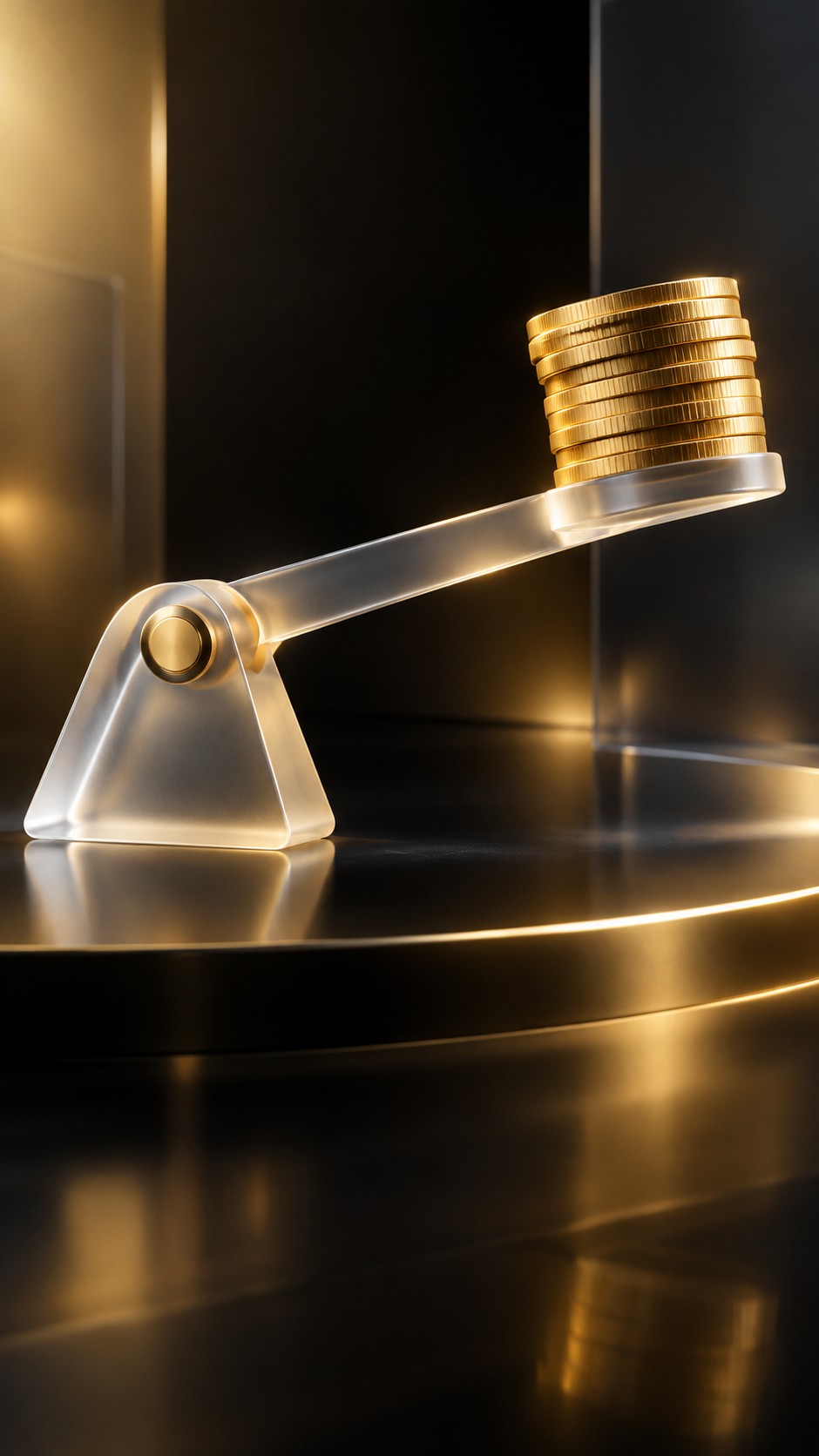 Precision lever lifting a stack of coins clean minimal composition